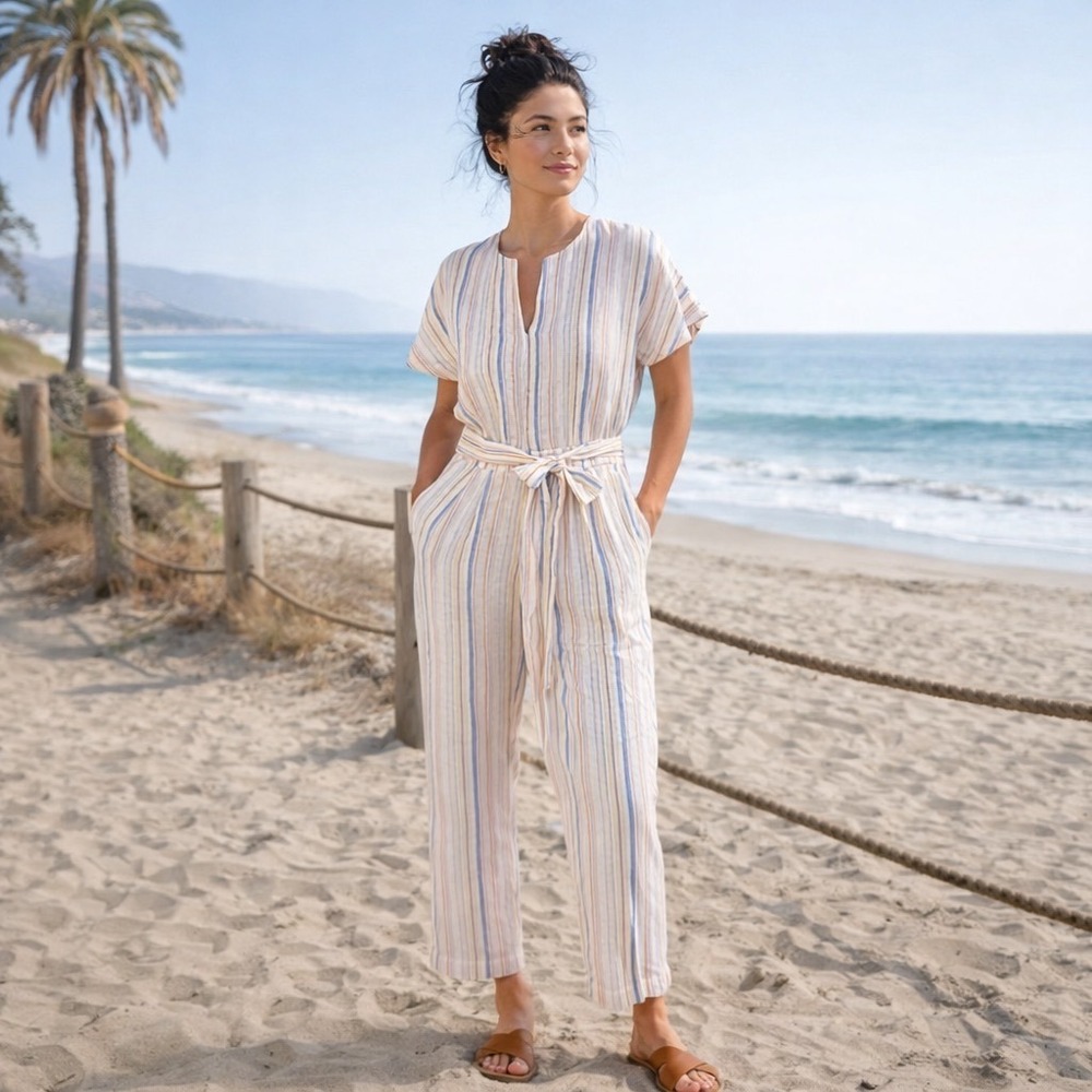Trovata Birds of Paradis Brooke Jumpsuit Women 6 Pastel Stripe Linen Open Back
